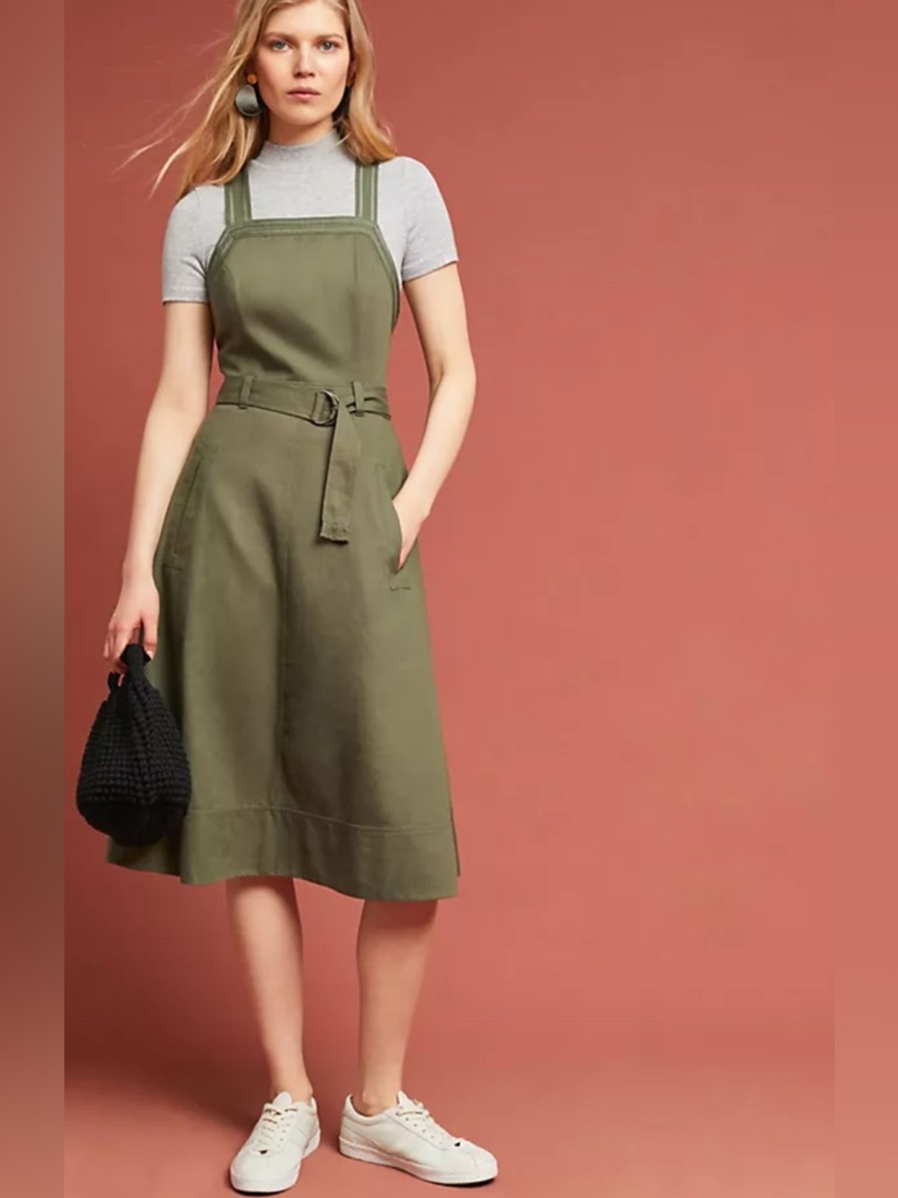 Maeve Olive Green Belted Pinafore Dress